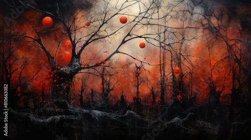 Abstract gothic autumn. Clumsy dead black trees under a red sky, red spheres in the air. © junky_jess