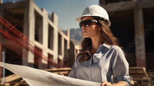 A female architect in a hard hat and safety glasses, 