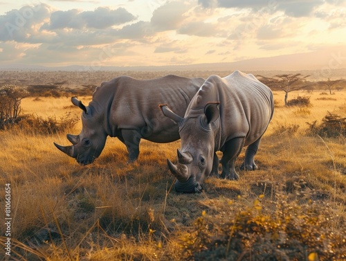 Two rhinos are grazing in a field