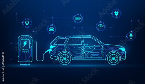 car electric charger circuit with technology icon on blue dark background. ev car concept. automobile charging device station. alternative sustainable transport. vector illustration.