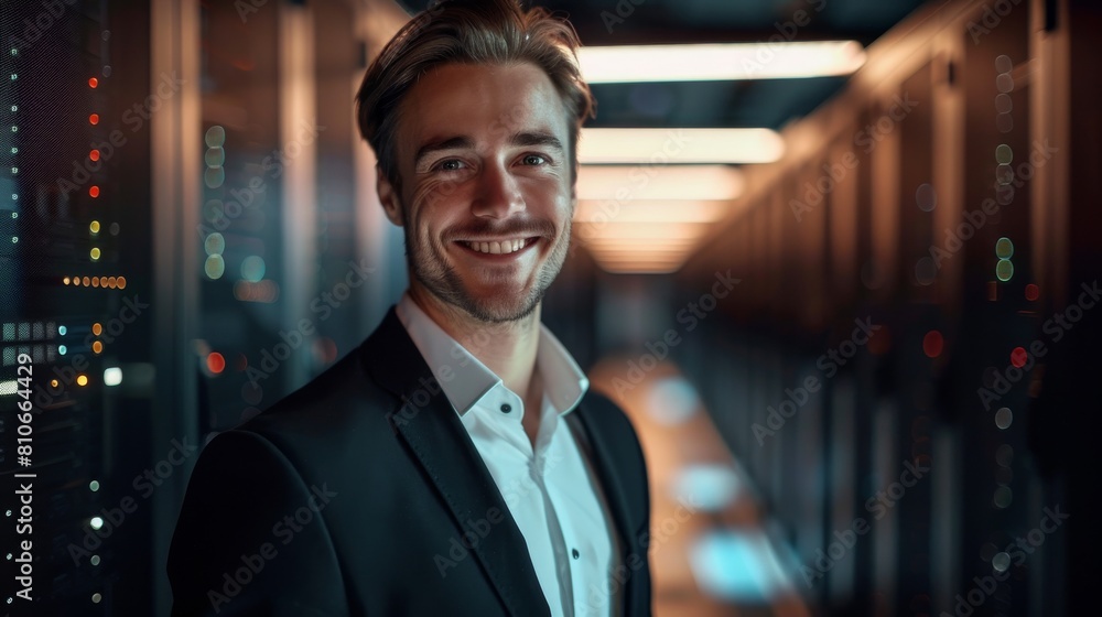 Portrait of Smiling Man in Black Suit and White Shirt Standing Against a Dark Server Room with Ambient Lighting, Symbolizing Professionalism in Technology Environment Portrait of Smiling Man in Black Suit and White Shirt Standing Against a Dark Server Room with Ambient Lighting, Symbolizing Professionalism in Technology Environment