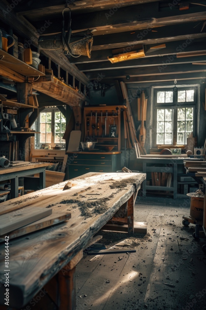 A woodworking shop with a large table in the center A woodworking shop with a large table in the center