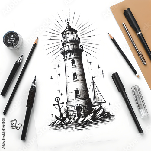 Sketch of the Lighthouse tattoo, in black and white photo