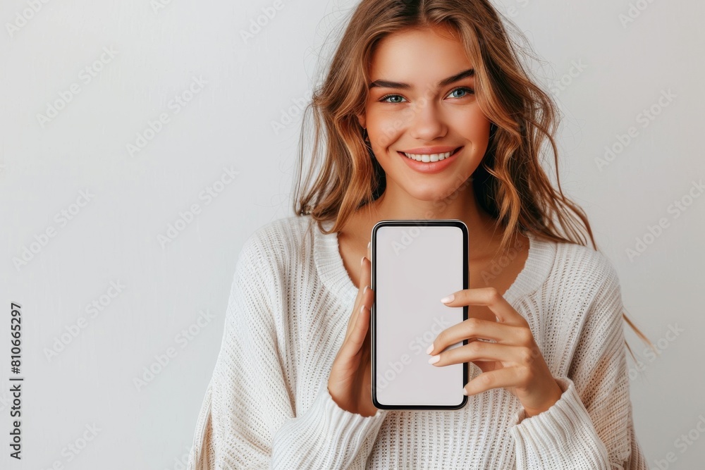 Woman Showcasing Smartphone Mockup created with Generative AI Woman Showcasing Smartphone Mockup created with Generative AI