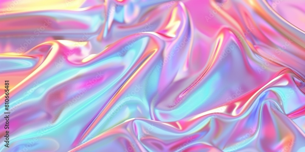 A colorful, flowing holographic background with a rainbow of colors. The background is a mix of blue, purple, and pink