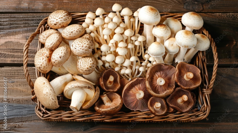 Wicker tray with variety of raw mushrooms on top wooden table Wicker tray with variety of raw mushrooms on top wooden table