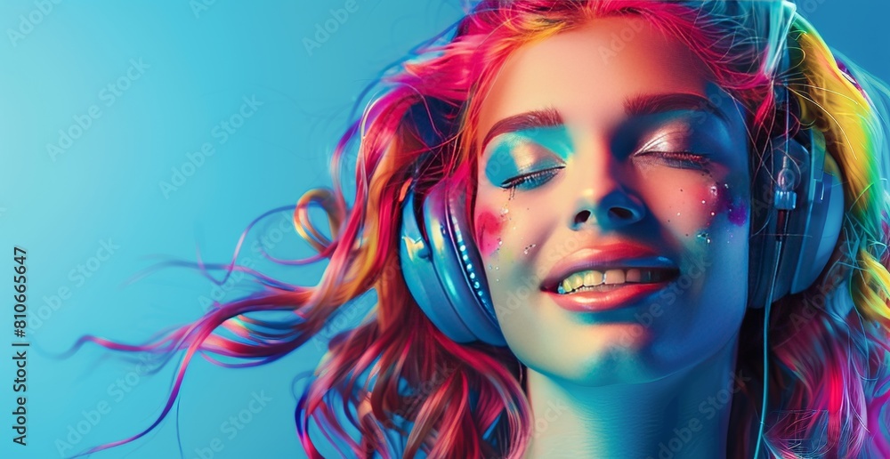 In a burst of color and summer vibes, the woman with vibrant hair and glitter makeup exudes joy, party spirit, and the enjoyment of a music festival In a burst of color and summer vibes, the woman with vibrant hair and glitter makeup exudes joy, party spirit, and the enjoyment of a music festival