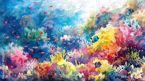 Vibrant Coral Reef Teeming with Captivating Underwater Life in Dreamy Watercolor Seascape