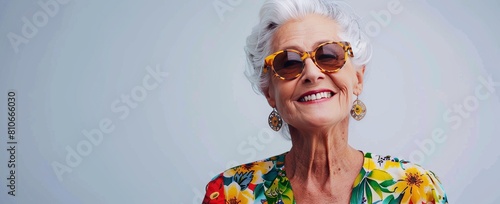 Radiating summer chic, the stylish senior woman with vacation-ready sunglasses and a floral shirt shows vibrant party energy and the enjoyment of life's golden years
