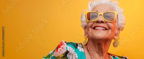A stylish senior woman enjoys the perks of summer vacation, her face hidden, hinting mystery and party enjoyment