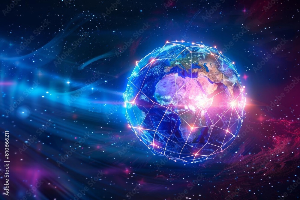 A glowing Earth inside a network sphere, symbolizing global connectivity and technology