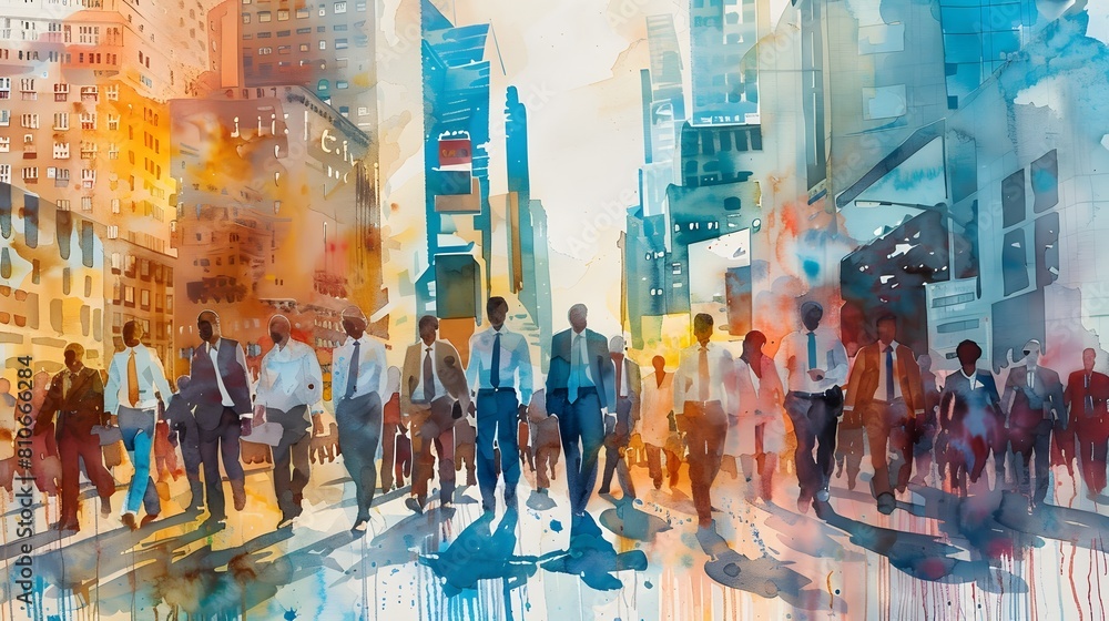 Diverse Professionals in Bustling City Street Scene Illustrated in Vibrant Watercolor Style