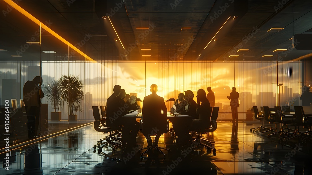 Intense Business Negotiation in a Dramatic Boardroom Setting with Strategic Figures at Sunset