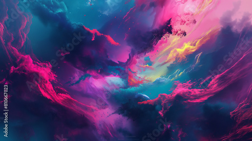 Vibrant cosmic nebula with swirling pink, blue, and yellow clouds, creating a dynamic and otherworldly space scene.