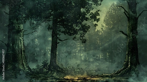 Enchanting Mystical Forest with Towering Ancient Trees in Digital Watercolor