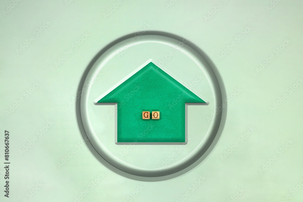 お家マークの丸いアイコンの中にGOの英語ブロックが並ぶホームボタン