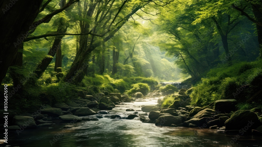 green forest with a winding river cutting through it, sunlight streaming through the canopy of trees.