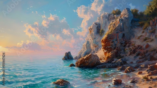 Dramatic Coastal Cliffs at Sunset in Painterly Oil Style
