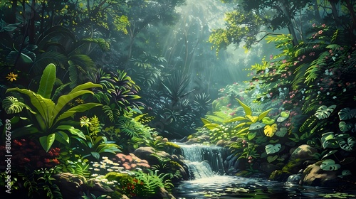 Lush Tropical Forest Oasis with Cascading Waterfall in Serene Natural Environment