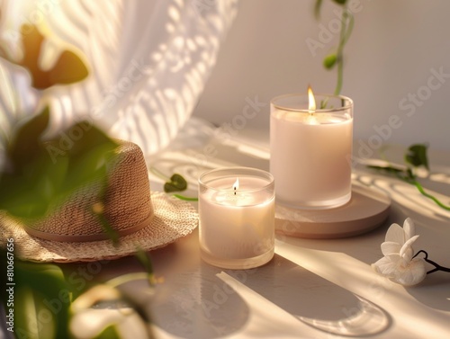 Two candles are lit on a table with a hat and a vase of flowers