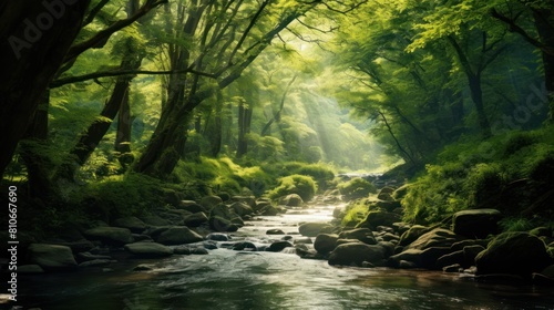 green forest with a winding river cutting through it  sunlight streaming through the canopy of trees.