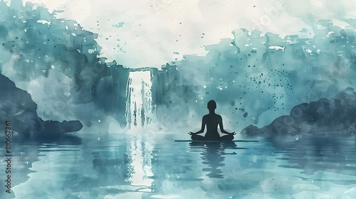 Tranquil Waterfall Yoga Meditation in Serene Minimalist Watercolor