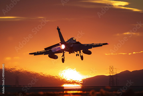 The last rays of sunlight reflecting off a fighter plane on the tarmac, Futuristic , Cyberpunk © Sirisook