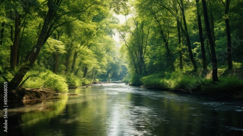 green forest with a winding river cutting through it, sunlight streaming through the canopy of trees.