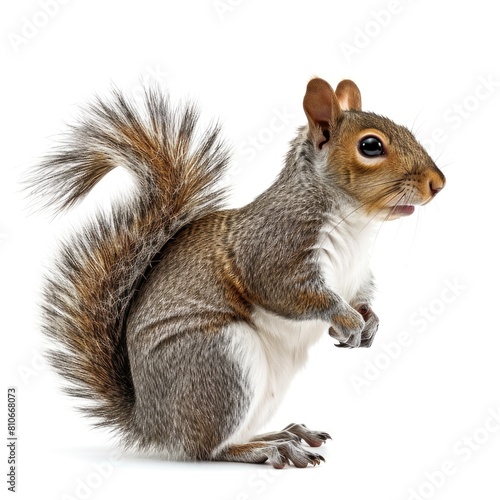 Eastern Gray Squirrel standing side view isolated on white background, photo realistic.