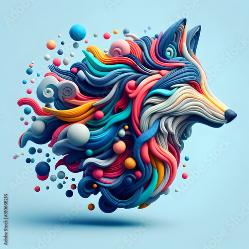 a wolf, minimalistic colorful organic forms, energy, assembled, layered, depth, alive vibrant, 3D, abstract, on a light blue background