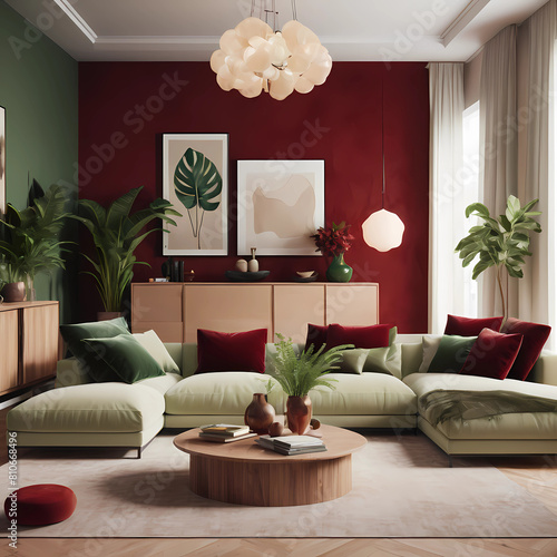 create a minimalist living room with a touch of modern elegence incorporate warm earth tones such as rich red creamy beiges and soft greens mix different textures like plush velvet circut board.. photo