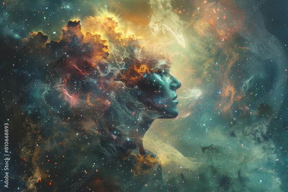 Concept art blending a human figure with a surreal cosmic landscape Concept art blending a human figure with a surreal cosmic landscape