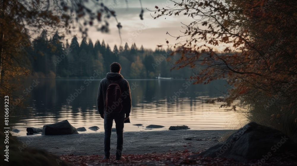 A melancholic teenager wanders along the shoreline of a serene lake,