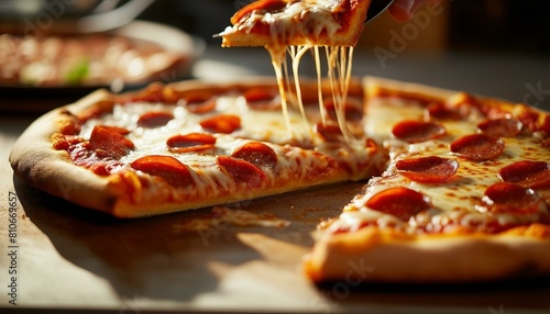 A pepperoni pizza with melted cheese, three slices are visible and one is being scooped onto an eating utensil using spatula or serving tongs for convenience while enjoying the meal. photo