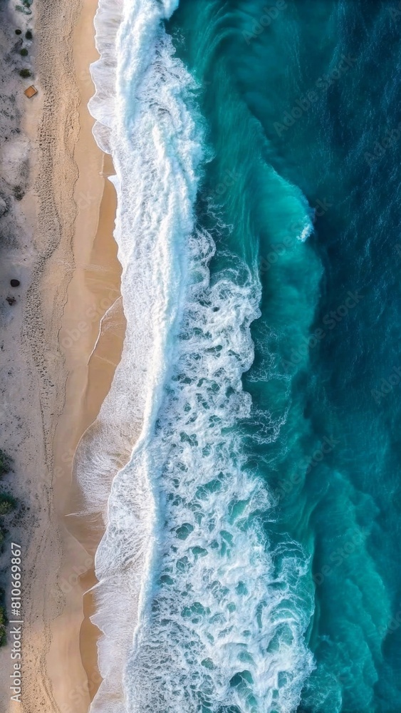 Naklejka premium Aerial view of the beach with waves, captured from above by an iPhone camera, showcasing the vastness and beauty of nature's creation.