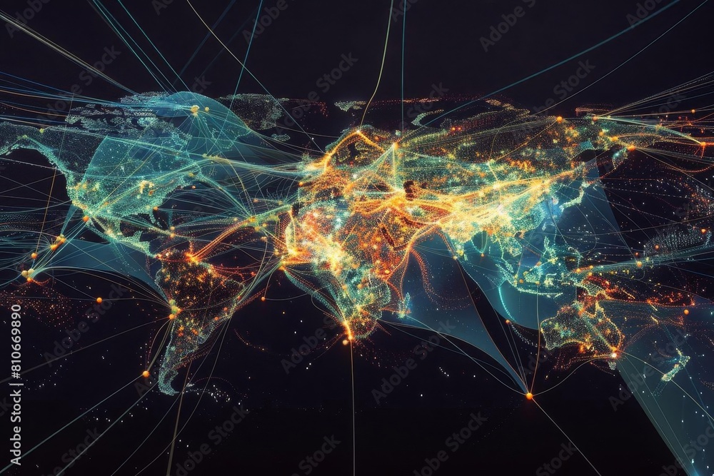 Digital networks visualized as connections between major cities and countries Digital networks visualized as connections between major cities and countries