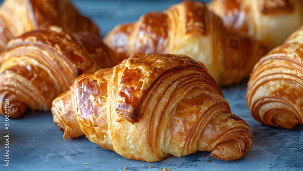 Croissants arranged on a blue counter, with one in the center and others grouped around it. Concept Food Photography, Bakery Display, Croissant Arrangement, Blue Countertop Décor