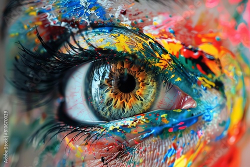 Dreamy representation of a paintsplashed eye, mixing reality and imagination
