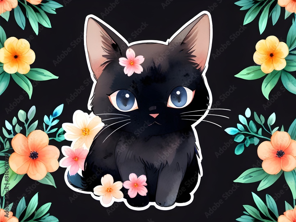 Black Cat Flowers Sticker Watercolor Art Black Cat Flowers Sticker Watercolor Art