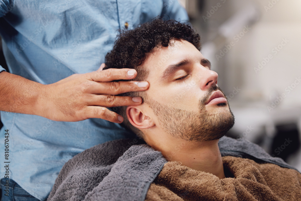 Obraz premium Barber, hands and face or maintenance in barbershop with blade, person and salon. Professional hairdresser, beard and massage or skincare for moustache treatment, client and customer for haircare