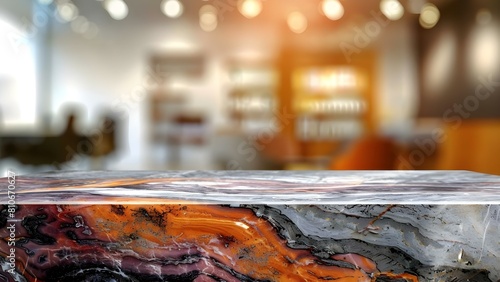 Blurred bokeh office interior with marble stone tabletop for product display. Concept Office Interiors  Bokeh Photography  Marble Tabletop  Product Display  Blurred Background