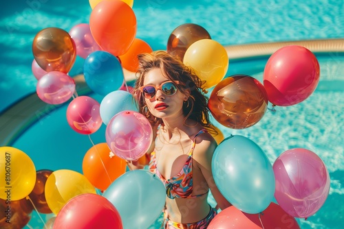 Sun-soaked and stylish, this young woman in pool with colorful balloons symbolizes the ultimate summer party, travel, vacation relaxation, and cocktail vibes © PasAI Photography