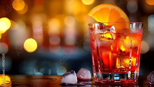 Closeup of an Old Fashioned Negroni cocktail on a bar counter. Concept Cocktail Photography, Close-up Shots, Bar Counter, Negroni Cocktail, Old Fashioned photo