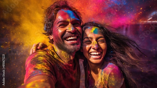 portrait of an Indian couple playfully splashing each other with water during a vibrant Holi festival, 