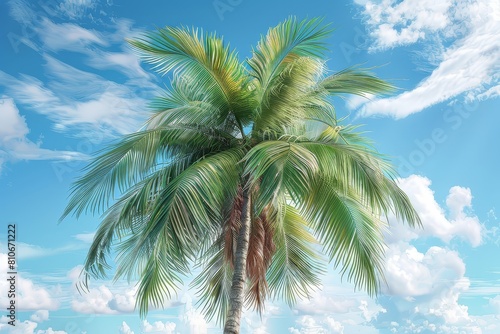 The image shows a tall palm tree with green leaves against a blue sky with white clouds.