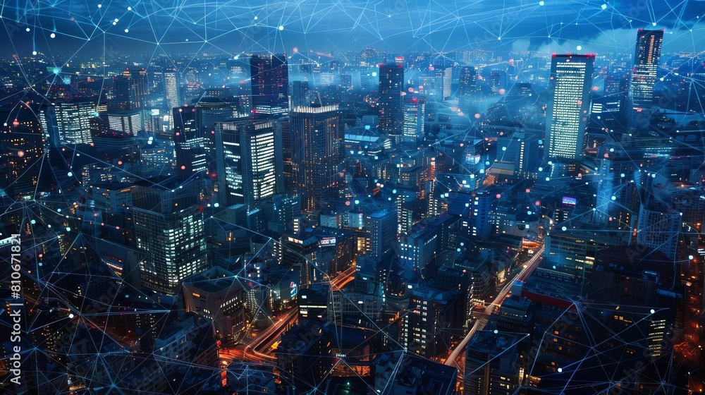 Illuminated cityscape intertwined with digital networks Illuminated cityscape intertwined with digital networks