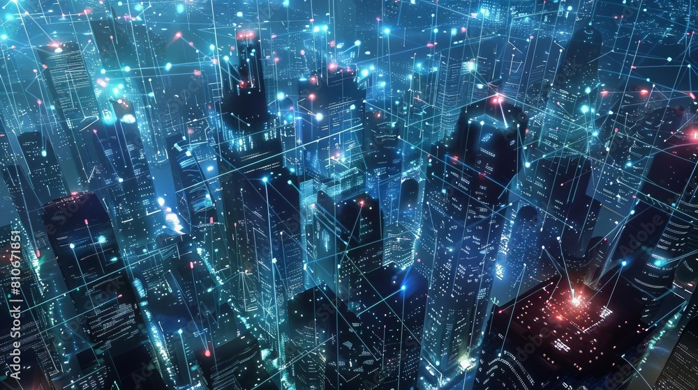 Fototapeta premium Illuminated cityscape intertwined with digital networks