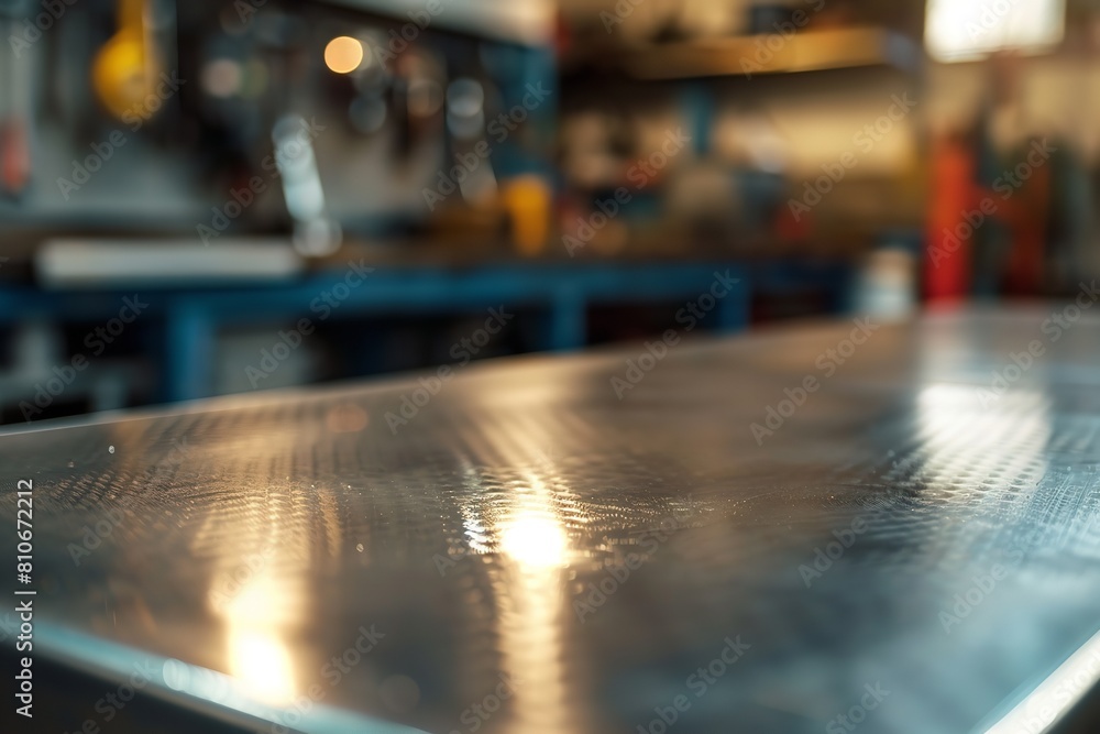 A metallic blank tabletop featuring a blurred automobile. Generative Ai