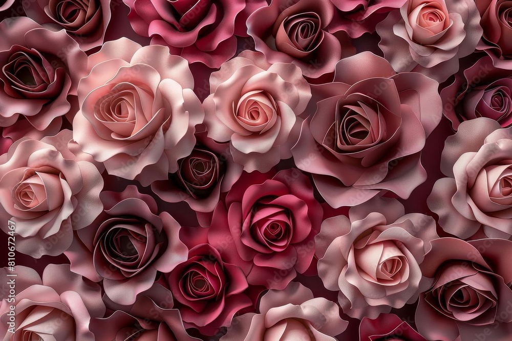 Lifelike 3D roses in shades of blush and crimson, forming a seamless pattern for an opulent wallpaper design, suitable for upscale decor or wedding themes Lifelike 3D roses in shades of blush and crimson, forming a seamless pattern for an opulent wallpaper design, suitable for upscale decor or wedding themes