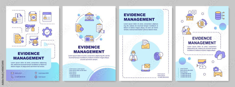 Evidence control blue gradient brochure template. Leaflet design with linear icons. Editable 4 vector layouts for presentation, annual reports. Arial-Bold, Myriad Pro-Regular fonts used Evidence control blue gradient brochure template. Leaflet design with linear icons. Editable 4 vector layouts for presentation, annual reports. Arial-Bold, Myriad Pro-Regular fonts used